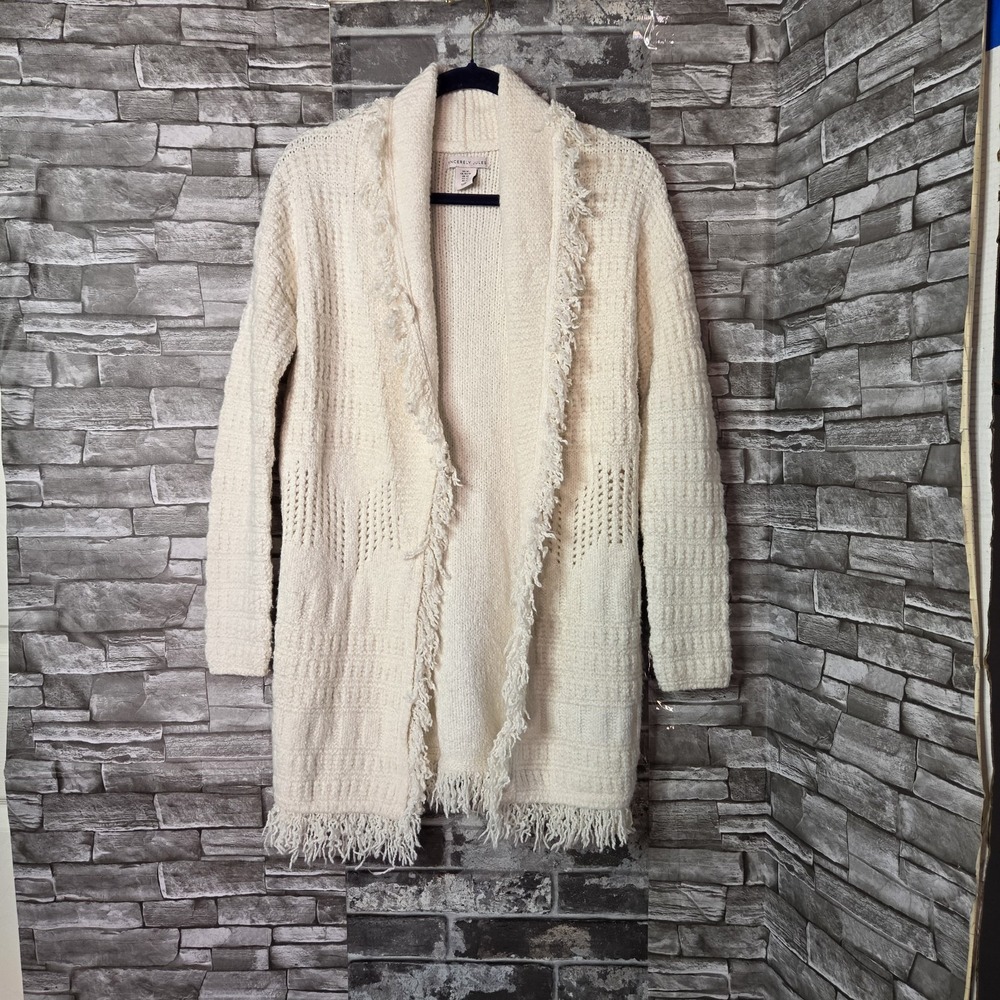 Sincerely Jules Chenille Open Cardigan Fringe Hippie Bohemian Cozy Cream Long XS